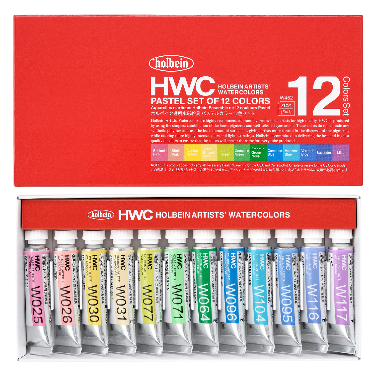 Holbein HWC Watercolors Pastel Set of 12 Colors, showing the red cardboard box above and the 12 individual paint tubes arranged in a tray below.