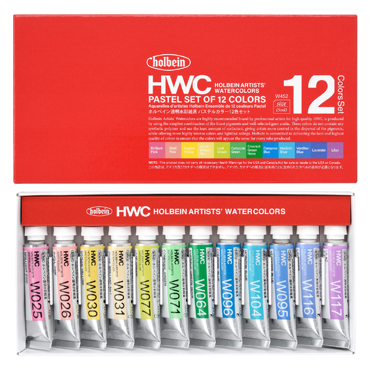 Holbein HWC Watercolors Pastel Set of 12 Colors, showing the red cardboard box above and the 12 individual paint tubes arranged in a tray below.